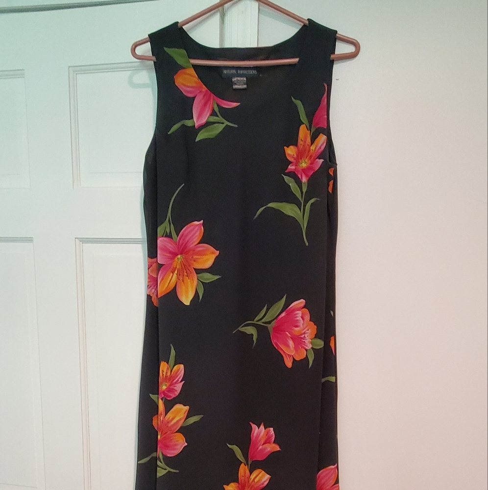 Impressions Black Midi Dress with Pink and Orange Floral Design